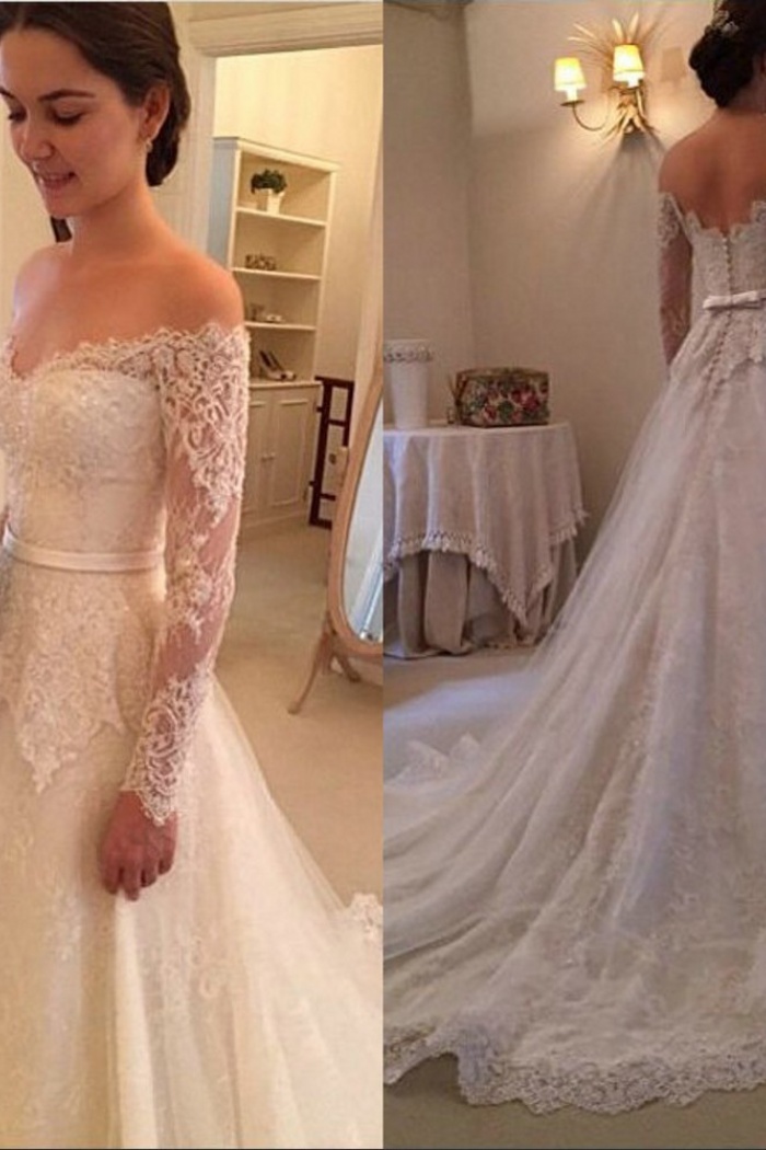 lace sleeve off the shoulder wedding dress