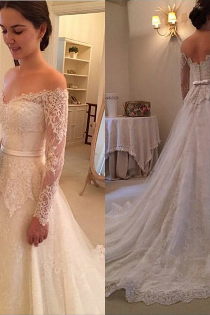 lace off the shoulder bridal gowns