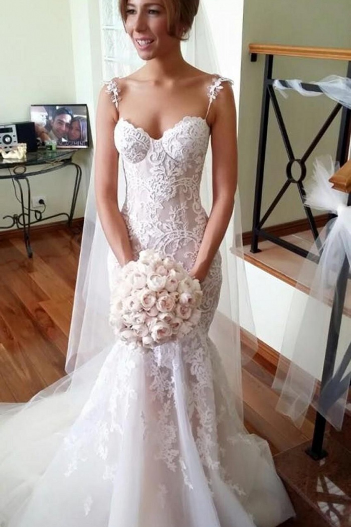 Long Applique Sleeveless Mermaid Spaghetti-Strap Tulle Wedding Dresses ...
