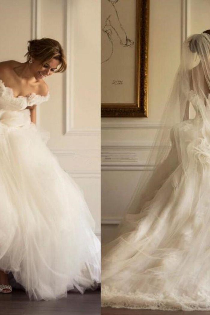 Off The Shoulder A Line Sweep Train Flowers Modern Tulle Ruffles