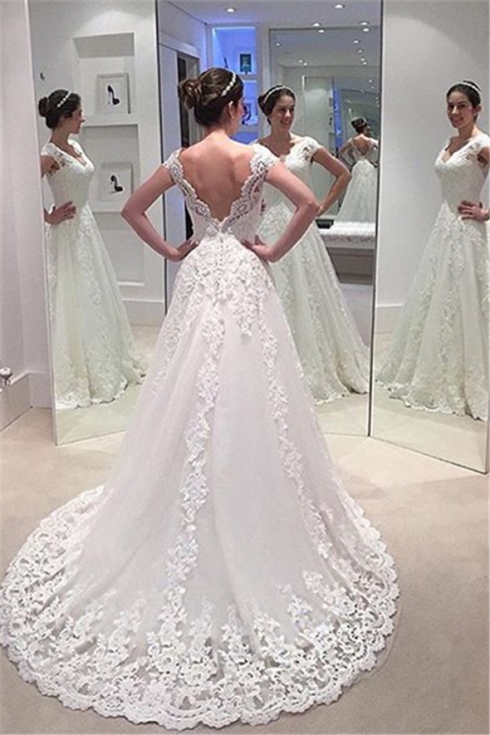 a line wedding dress with long train