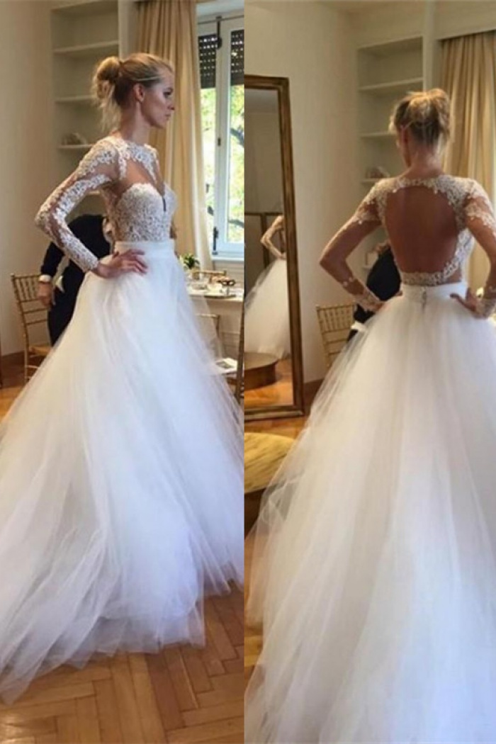 long sleeve lace and tulle wedding dress