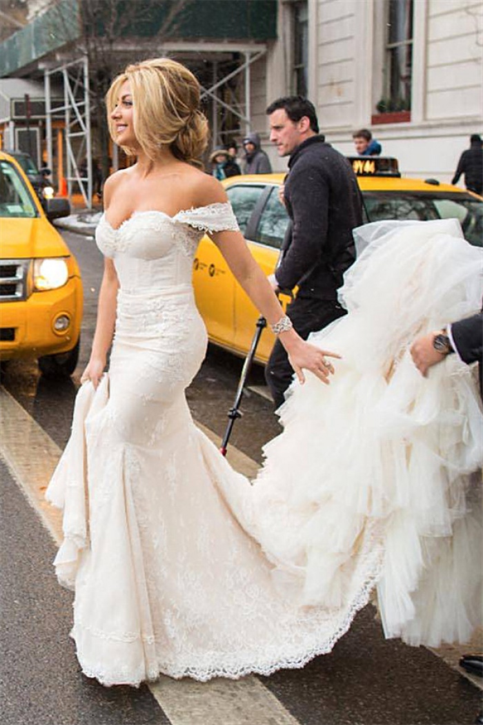strapless lace wedding dress with train