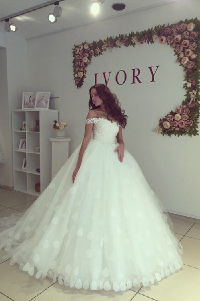 lace off the shoulder ball gown wedding dress