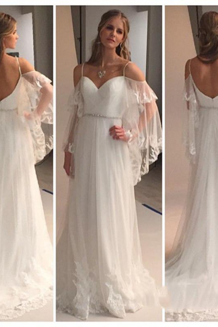 Spaghetti Straps Sweetheart Beach Wedding Dress 2018 Illusion Sleeves Bridal Gowns Ba0545