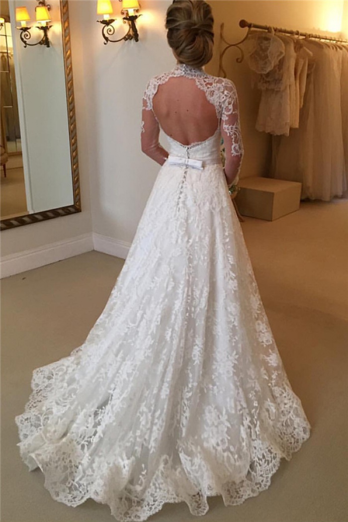 high neck open back wedding dress