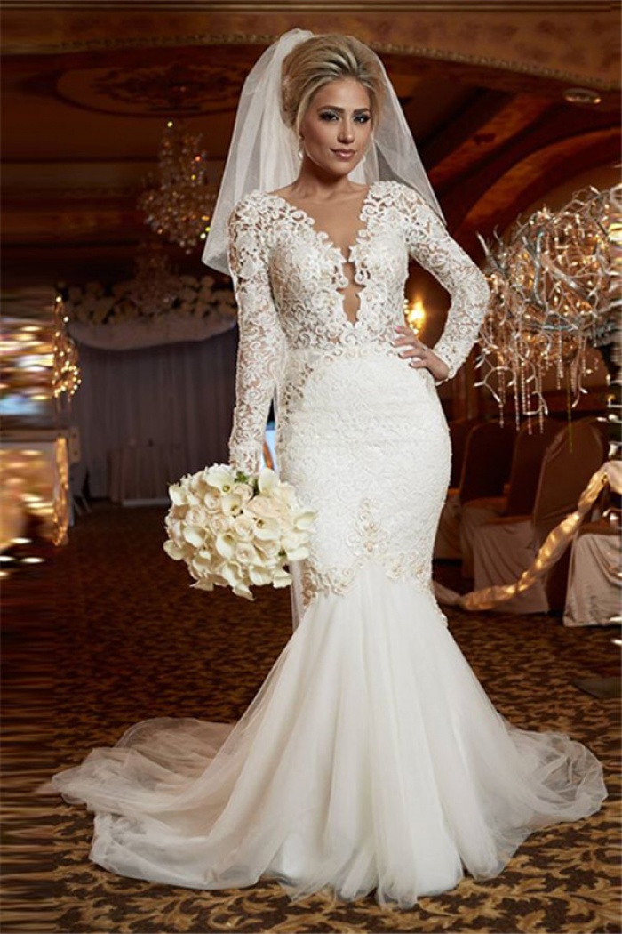 Scoop Long Sleeve Lace  Wedding  Dress  Online Mermaid 