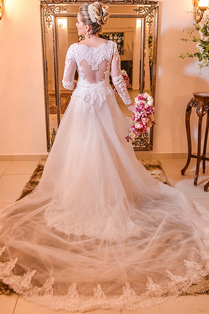 a line wedding dress with long train