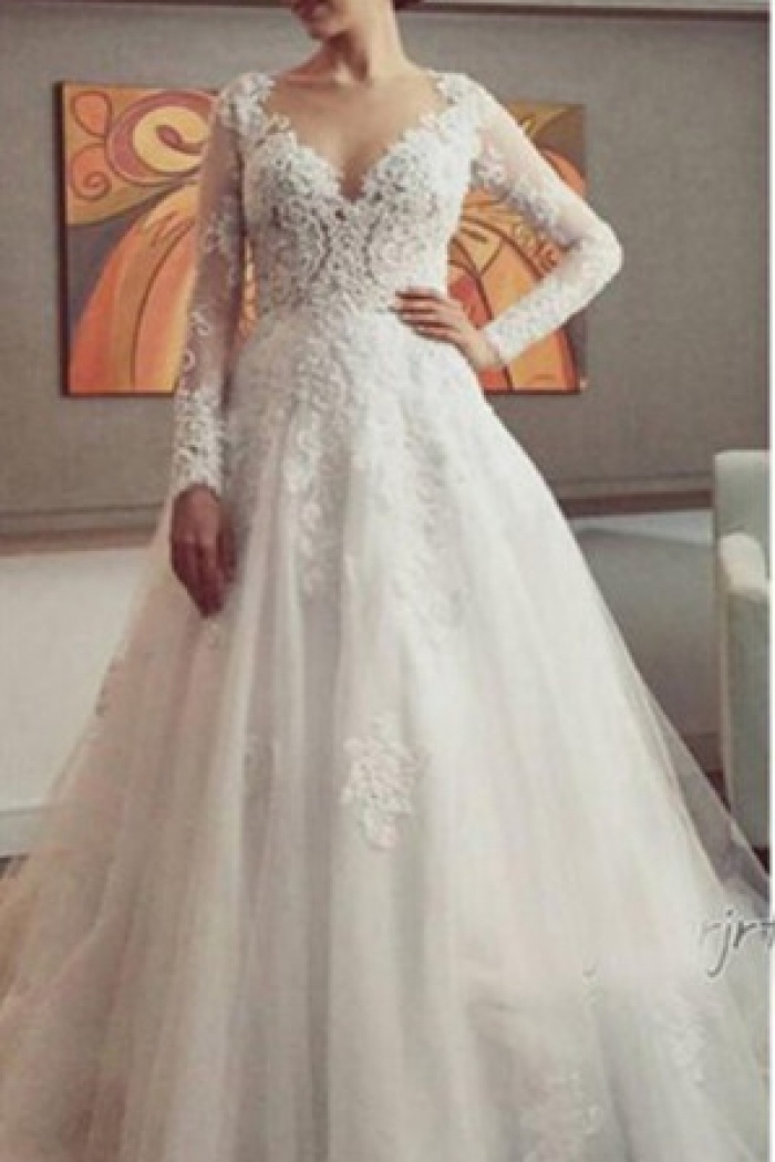 long sleeve lace applique wedding dress