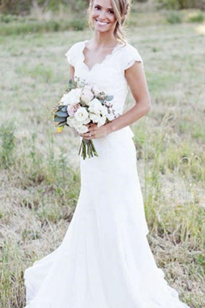 v neck short sleeve wedding dress