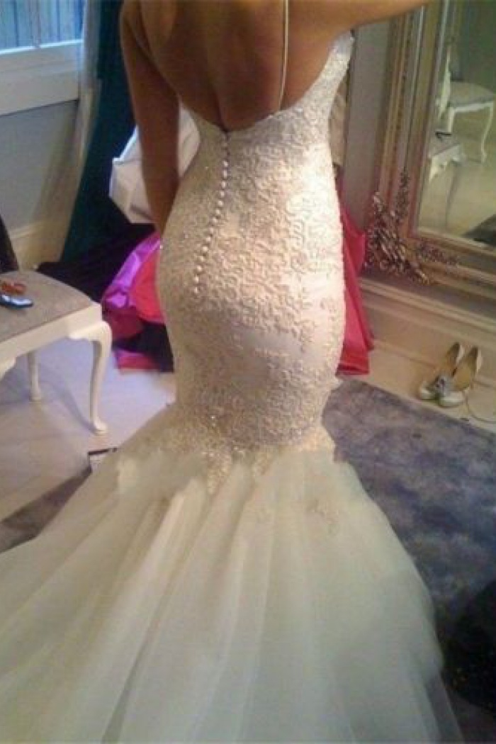 spaghetti strap mermaid wedding dress