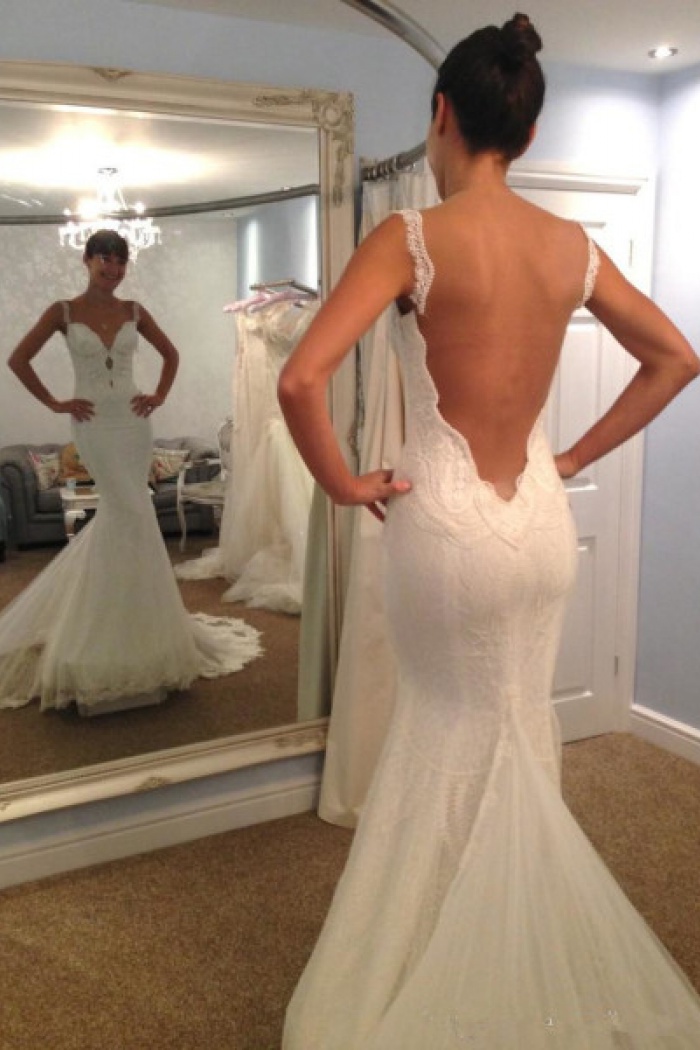 spaghetti strap backless wedding dress