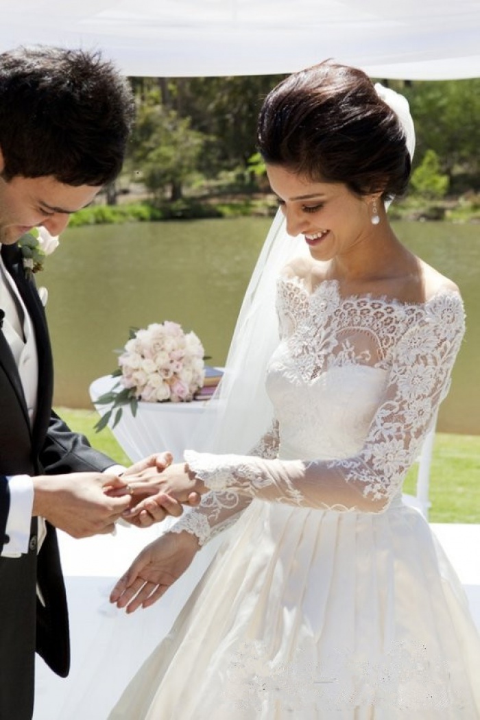 lace sleeve off the shoulder wedding dress