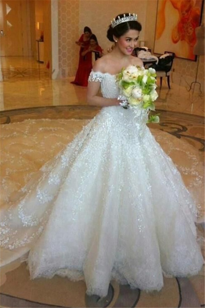 white off shoulder ball gown