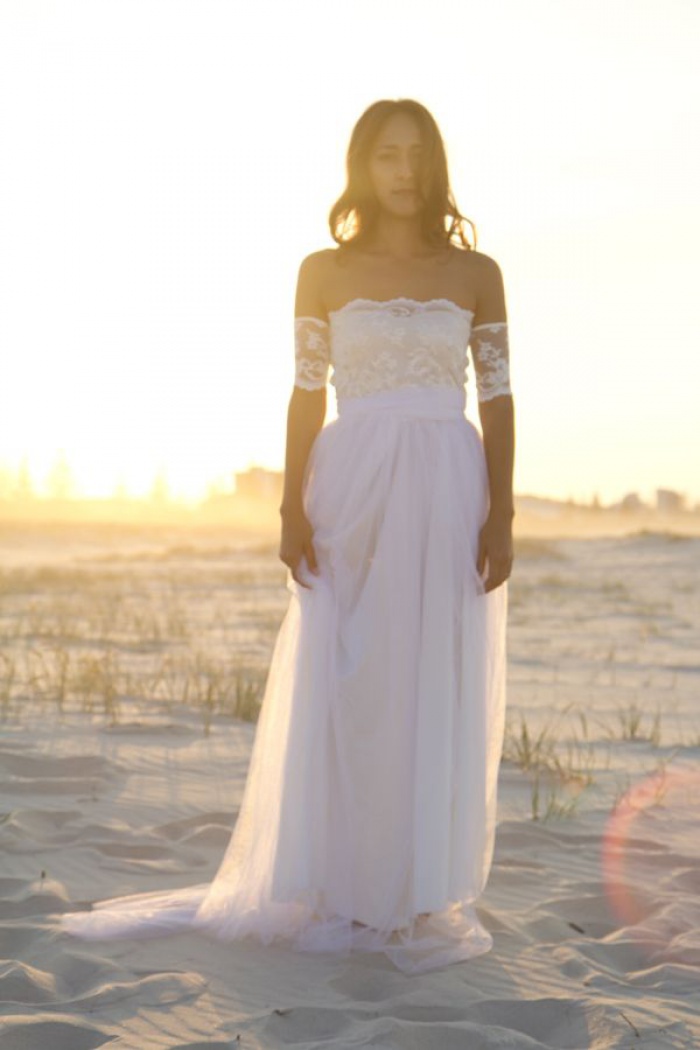 white chiffon beach wedding dress