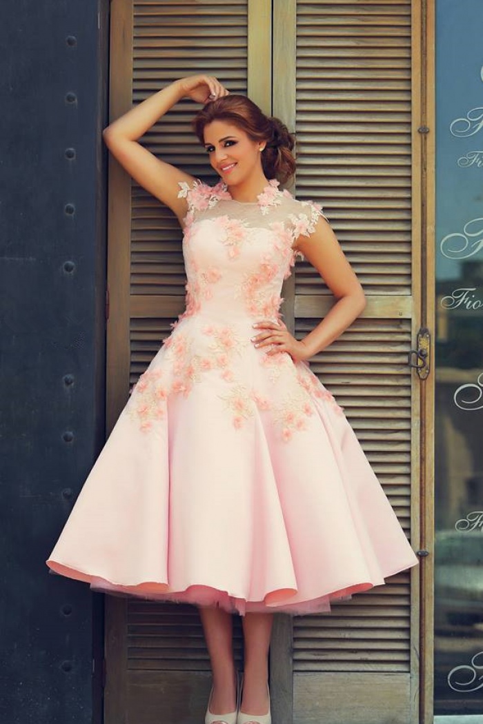 pink lace tea length dress