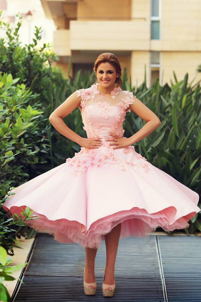 pink lace tea length dress
