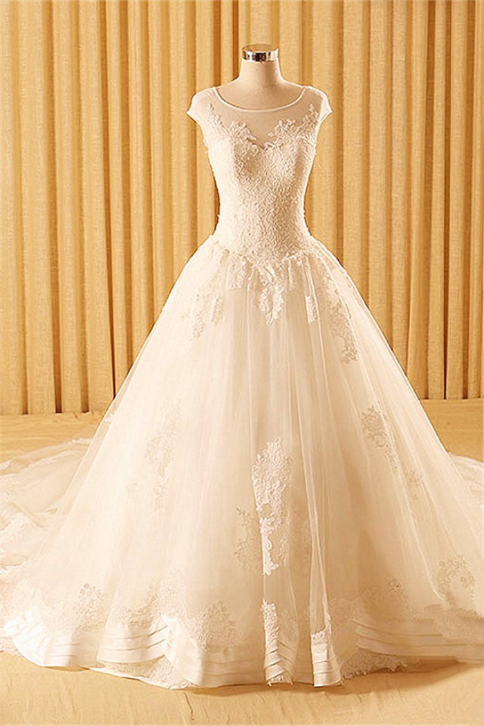 Sheath Lace Church Ball Gown Wedding Dress With Chapel Train