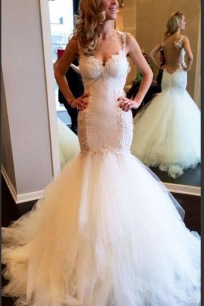 White Sexy Mermaid Backless Bridal Gowns Spaghetti Strap Tulle Lace Long Wedding Dress Wisebridal Com
