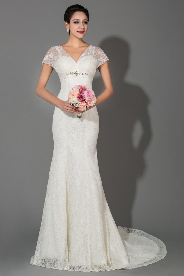 v neck short sleeve wedding dress