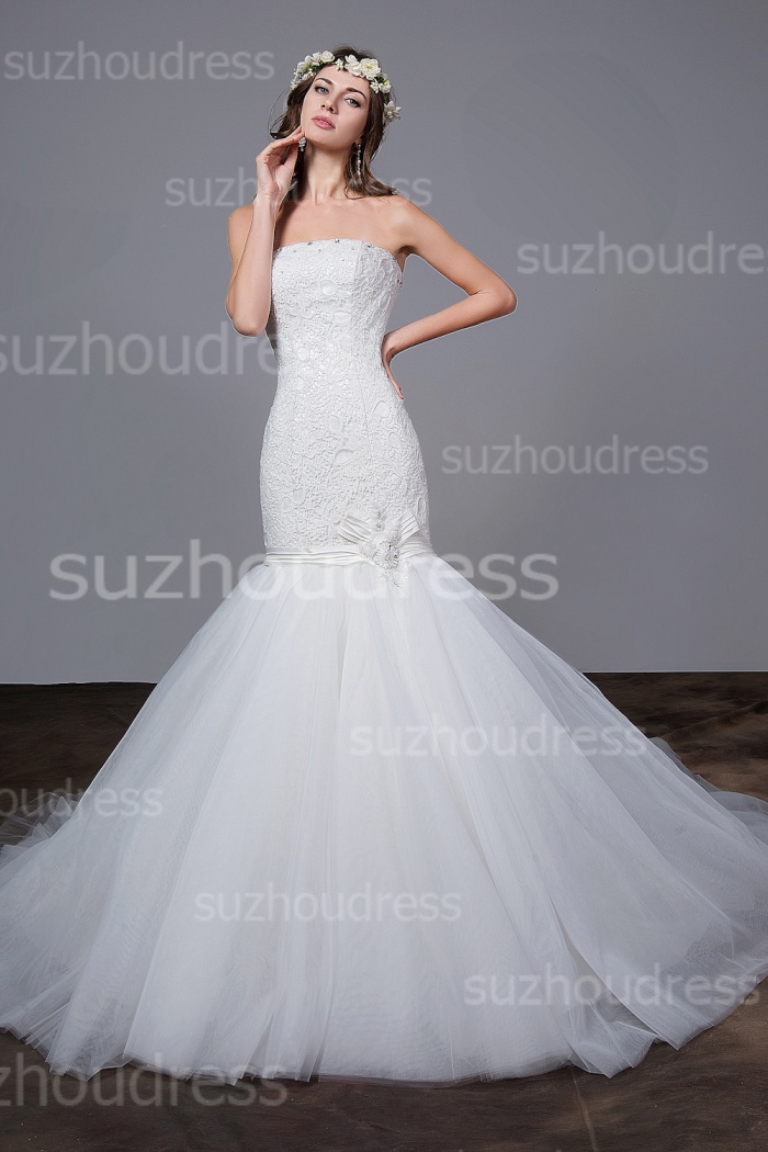 White Strapless Mermaid Wedding Dresses Lace Sexy Tulle Charming Fishtail Bridal Gowns Wisebridal Com white strapless mermaid wedding dresses lace sexy tulle charming fishtail bridal gowns