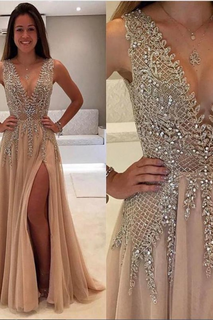 elegant silver split sexy round neck evening dress