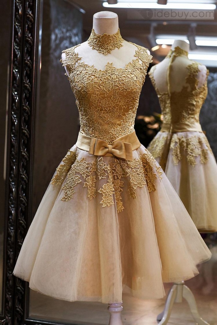 prom dress gold belt Gorgeous Sparkly High Neck Lace Prom/Homecoming Dresses With Bow Perfect for bridal gowns