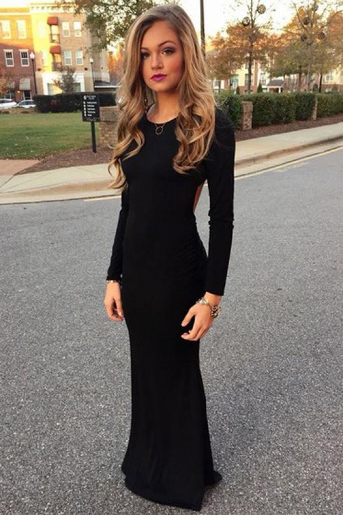 floor length black dress long sleeve