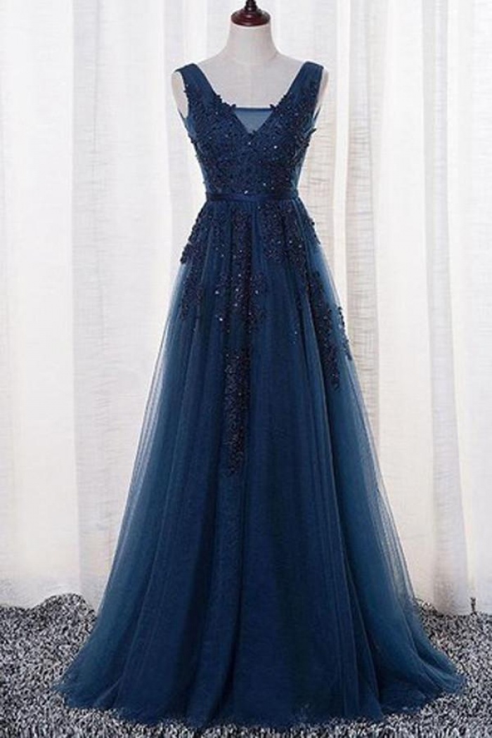 navy lace prom dress