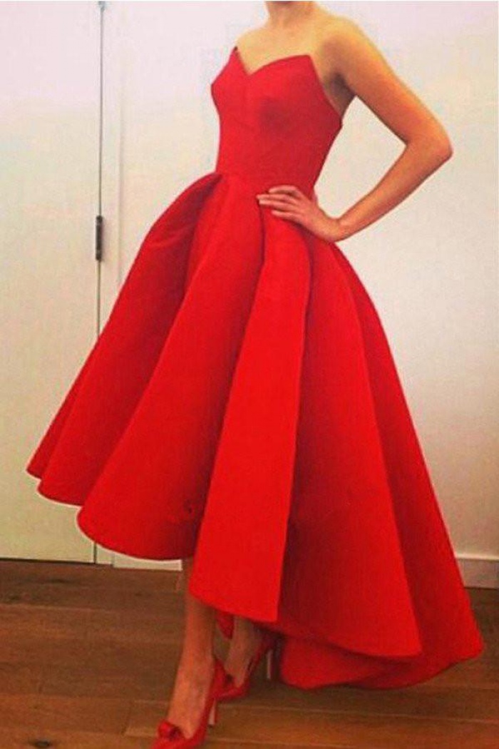 red satin high low dress