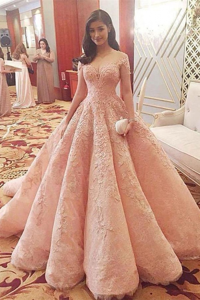 pink lace formal dress