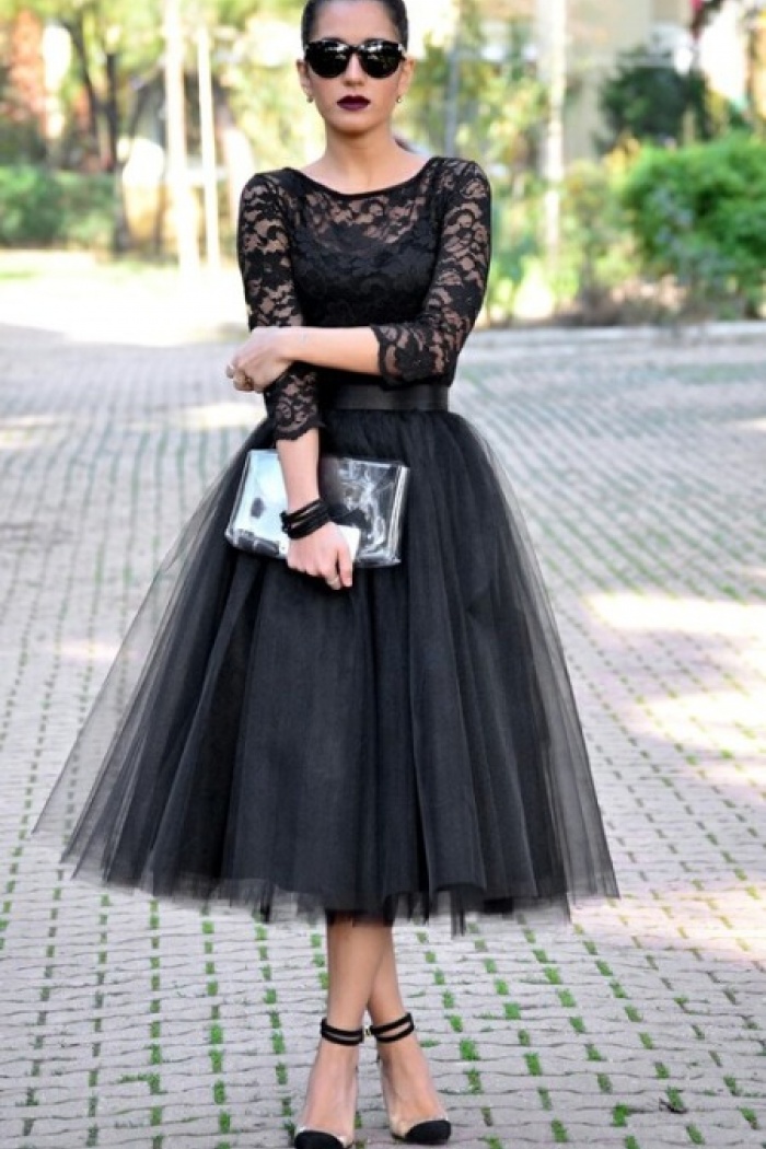Gray Lace Tea Length Dress