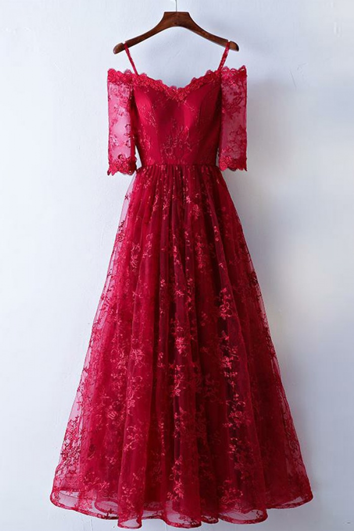 dark red lace prom dress