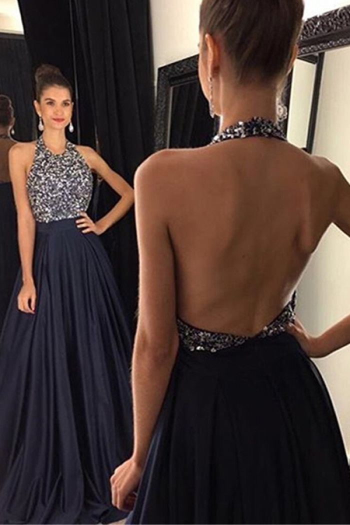 navy blue beaded prom dress