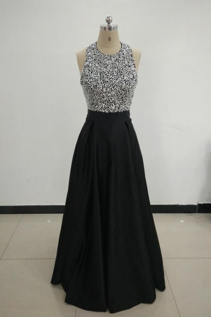 Black A-Line Halter Beaded Backless Long Prom Dress,DP1536