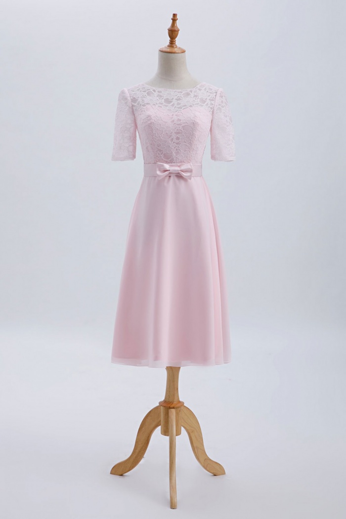 Elbow Sleeves Lace Illusion Scoop Neck Short Bridesmaid Dress with Silk