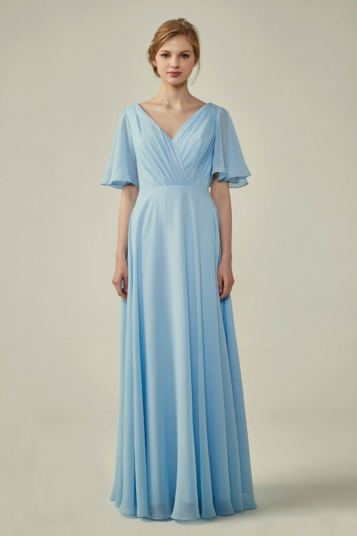 Casual V-Neck Flutter Sleeves Chiffon Ruched Bridesmaid Dress with ...