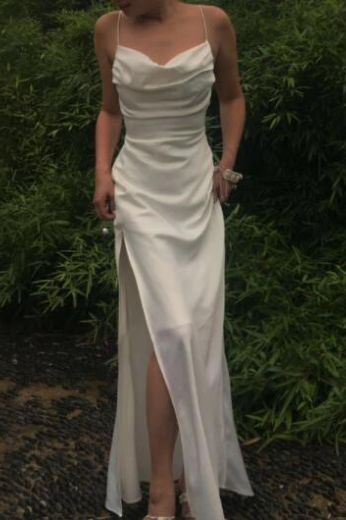Wholesa A-line Bateau Spaghetti Straps Long/Floor-Length Satin Prom Dress With Pleated Split