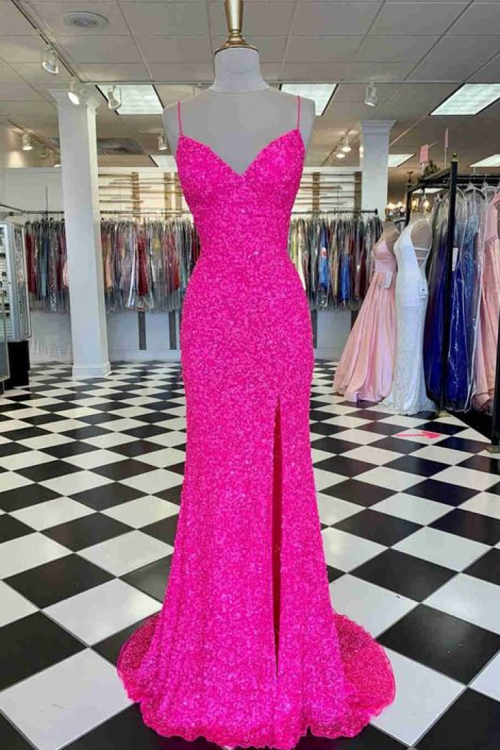 open lace back dress Sparkly Golden Sheath Sequins Long Prom Dress with Slit main image 1