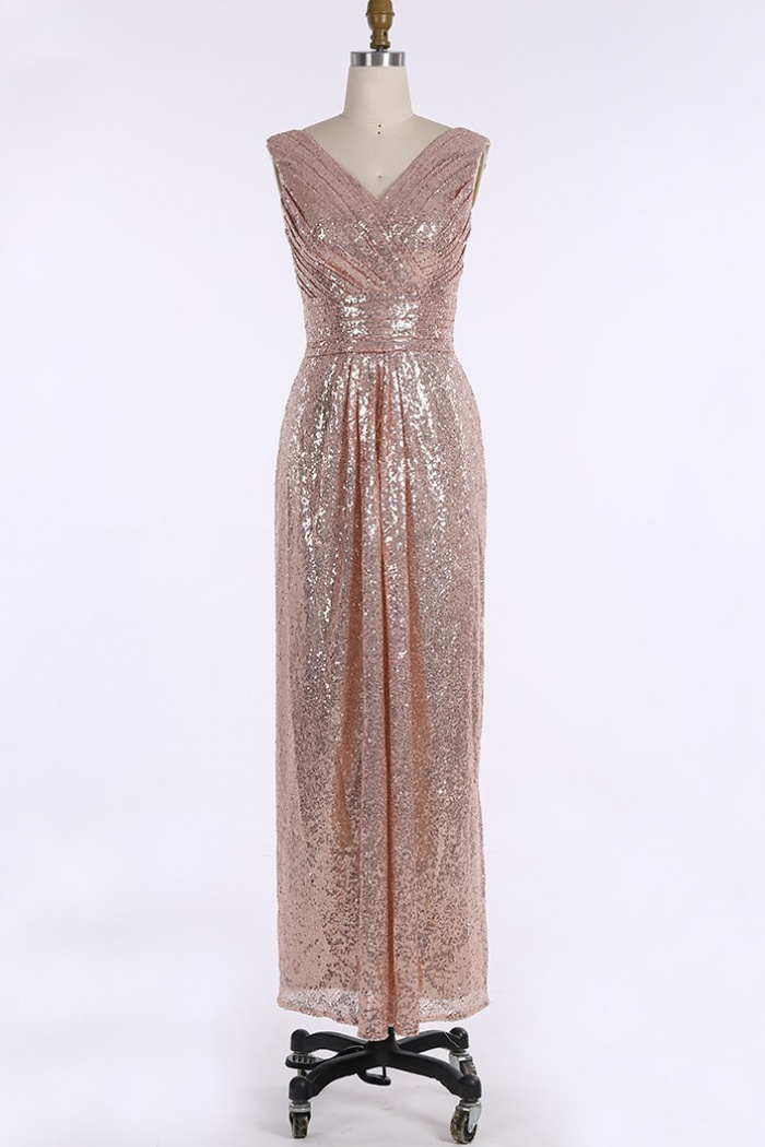 Glamorous V Neck Floor Length Sleeveless Sequins Rose Gold Bridesmaid Dress