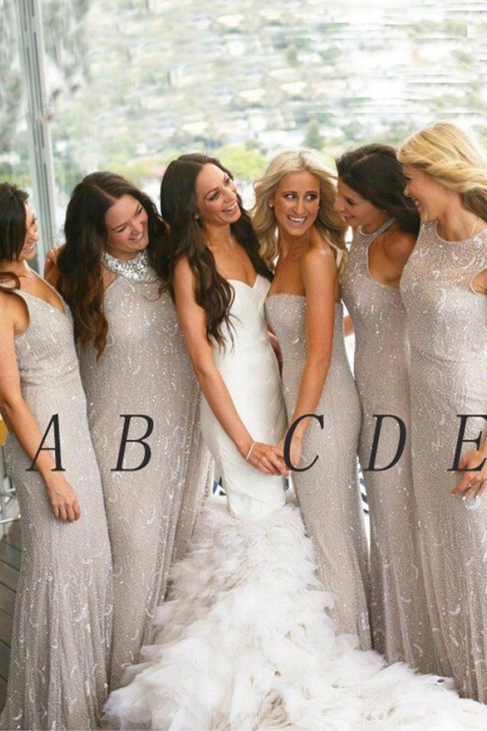 Mermaid Sweetheart Floor Length Light Grey Tulle Bridesmaid Dress