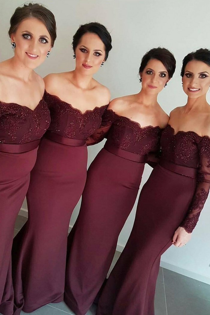 red bridesmaid dresses off the shoulder
