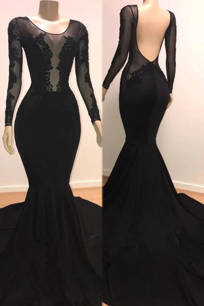 Sexy Mermaid Long Sleeves Black Evening Dress With Lace - Wisebridal.com