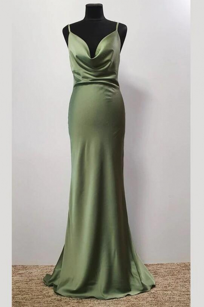 Spaghetti straps long sage green prom dress - Wisebridal.com