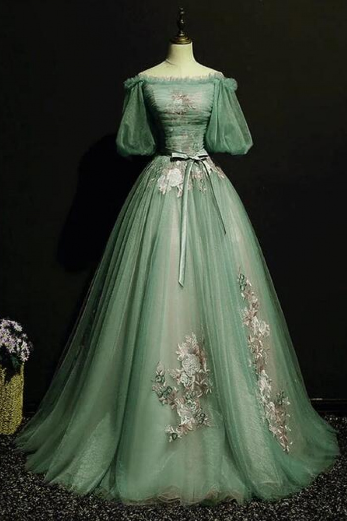 slim fit dress slacks Vintage A Line Off The Shoulder Tulle Sage Green Prom Dress P1460 –  PreppyDress main image 0