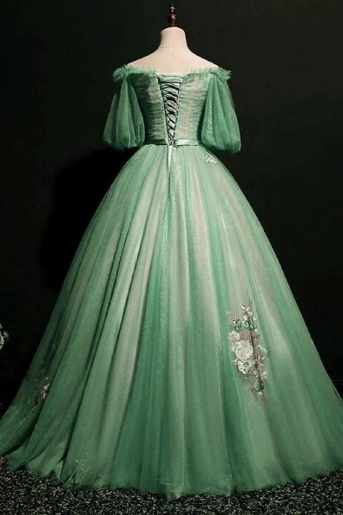 green puffy prom dress Pretty Green Lace Prom Dresses Puff Long Sleeves Off The Shoulder Lace –  classygown main image 1
