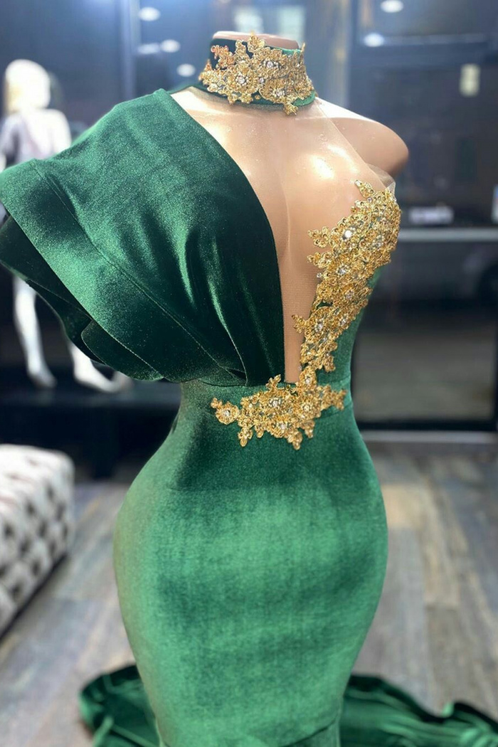 Mermiad Green Velvet Prom Dresses With Gold Lace - Wisebridal.com