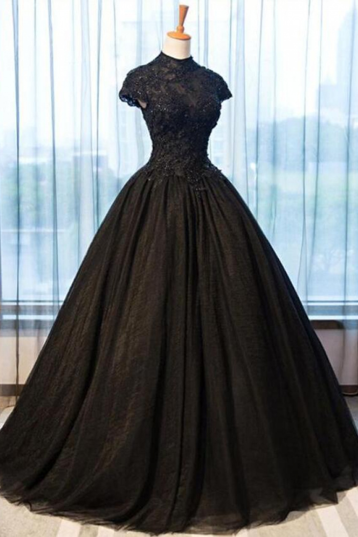 Elegant Lace Formal Black Tulle Prom Dress - Wisebridal.com