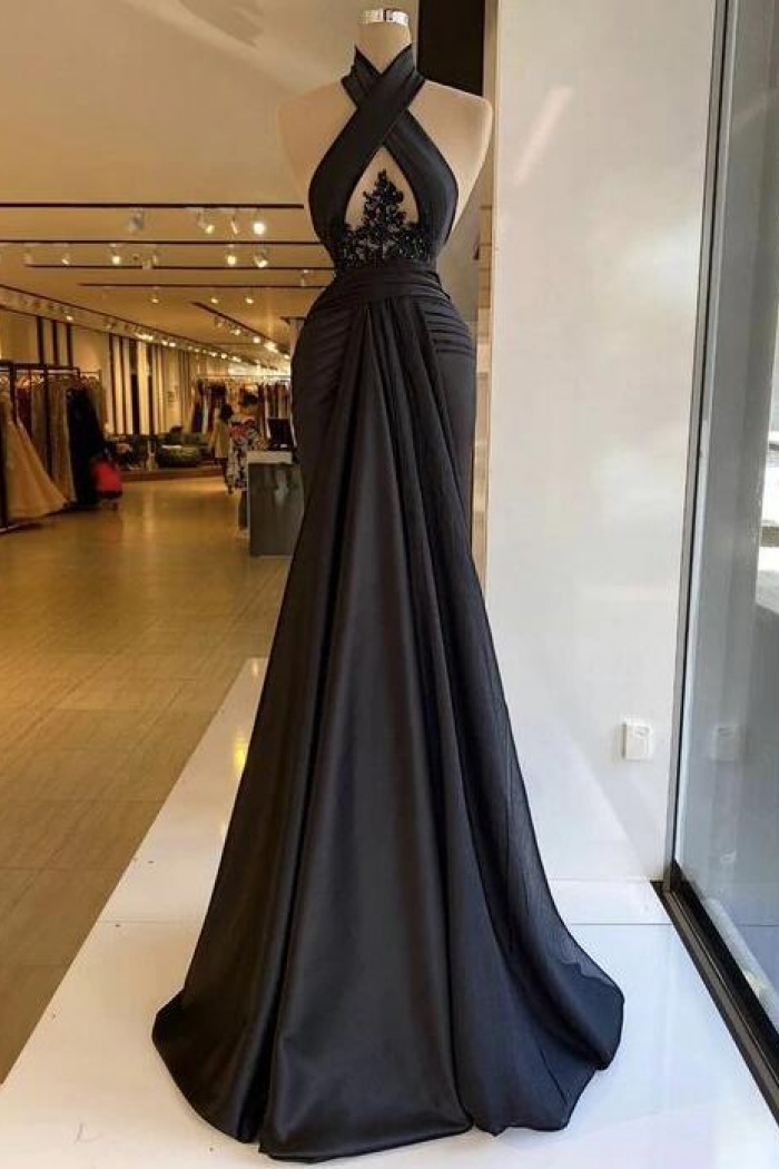 Black prom dresses high neck long sleeve a line evening dresses    fg2919
