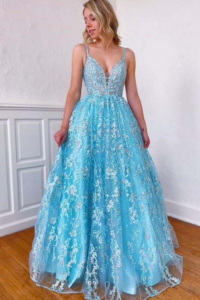 A-line V-neck Blue Long Prom Dresses Formal Gown With Split PO198